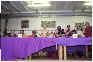 Counter-protesters during a demonstration about Tania Kovats' Virgin in a condom exhibit at Te Papa, Wellington