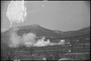 Enemy shelling and counter smoke screen near San Pietro, Italy, World War II - Photograph taken by George Kaye
