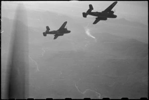 American medium bombers breaking away after bombing Monte Cassino, Italy, World War II - Photograph taken by George Bull