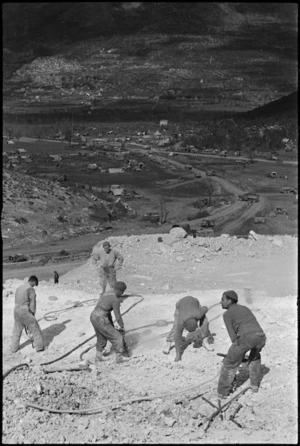 New Zealand Engineers on the Cassino Front, Italy, quarrying metal for roads, World War II - Photograph taken by George Kaye