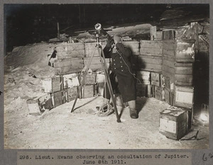 Lieutenant Edward Evans observing an occultation of Jupiter, during the Antarctic Expedition of 1911-1913