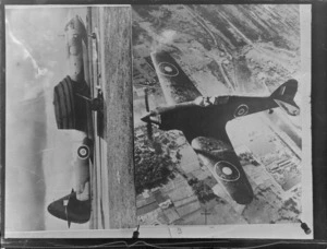 Montage of two photographs, showing an Airspeed AS 51 Horsa glider on ground, and a Hawker Hurricane aeroplane in flight over an unidentified location