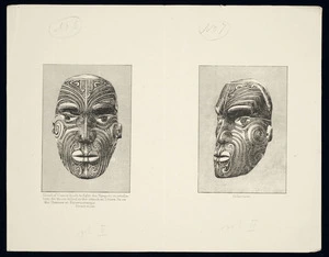 Artist unknown :Head of canoe built to fight the Ngapuhi in retaliation for those killed in the attack on Totara Pa on the Thames at Kauaeranga. Front view. Side view. [From John White's Ancient history of the Maori (Wellington, 1891)]