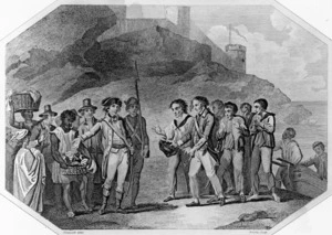 Benezach, fl, 1790-1802 :The hospitable behaviour of the Governor of Timor to Lieutenant Bligh. Benezach delin. Bromley [William] sculp. London, J. Stratford, 1802.
