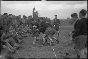 American and New Zealand spectators watch exhibition rugby match in Italy, World War II - Photograph taken by George Kaye