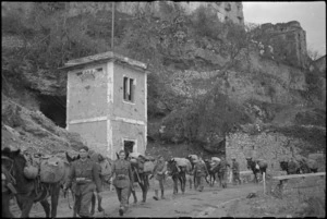 Italian soldiers and their mules moving to the forward areas of 5th Army Front, Italy, World War II - Photograph taken by George Kaye