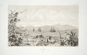 Le Breton, Louis Auguste Marie, 1818-1866 :Baie d'Akaroa (Nouvelle-Zelande). Dessine par Le Breton. Lith. by Sabatier. Gide Editeur. Imp. par Lemercier. Paris [1846]