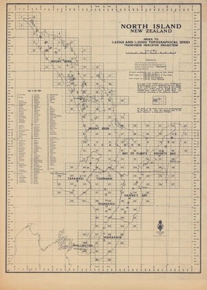 North Island, New Zealand. Index to 1:63360 and 1:25000 topographical series, Transverse Mercator projection [electronic resource].