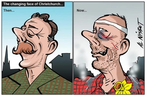 Nisbet, Alastair, 1958- :'The changing face of Christchurch...Then...Now...'. 9 May 2012