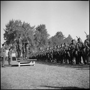 Brigadier Norman Weir takes salute as 11th Reinforcements march past at Maadi, Egypt - Photograph taken by Sapper A W Trethewey