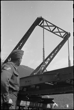 Hoist used by American and NZ engineers to remove section of treadway on the Cassino Front, Italy, World War II - Photograph taken by George Kaye