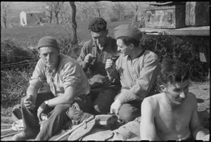 NZ frontline infantrymen rest immediately behind the line on the Cassino Front, Italy, World War II - Photograph taken by George Kaye