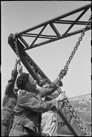 Hoist used by American and NZ engineers to place section of treadway on the Cassino Front, Italy, World War II - Photograph taken by George Kaye