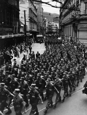 New Zealand soldiers marching through Lambton Quay, Wellington