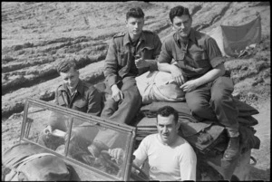 NZ infantrymen in a jeep during rest break behind the lines on the Cassino Front, Italy, World War II - Photograph taken by George Kaye