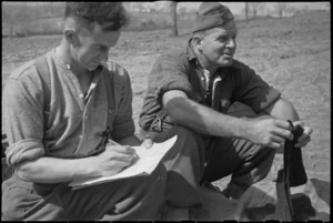E R Marryat and J W Hamilton, NZ Infantry, resting behind the lines on the Cassino Front, Italy, World War II - Photograph taken by George Kaye