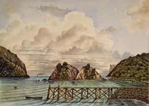 Welch, Joseph Sandell 1841-1918 :[Akaroa Harbour]. Cape Three Brothers, Akaroa Harbour. [1870s]