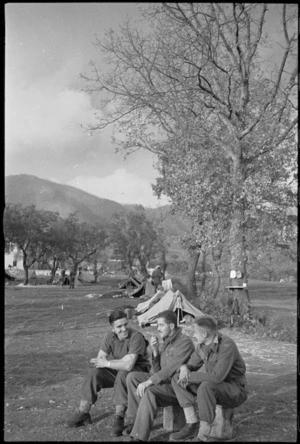 A D Collie, C Paulin and G C Wilson outside their bivvies in the Volturno Valley area, Italy, World War II - Photograph taken by George Kaye