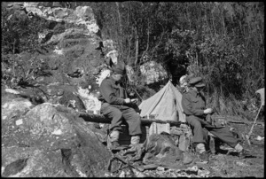 G A Millar and Lieutenant G A Sargason outside their bivvy on 5th Army Front, Italy, World War II - Photograph taken by George Kaye