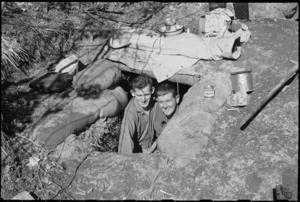 G W Skinner and R Young in the entrance of their dug-out bivvy on 5th Army Front, Italy, World War II - Photograph taken by George Kaye
