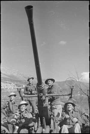 NZ anti aircraft gun and crew on alert for enemy planes on the Cassino Front, Italy, World War II - Photograph taken by George Kaye