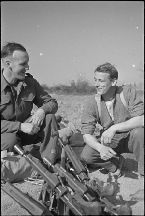 J W Curtayne and S G L Rodger, NZ frontline infantrymen, resting on the Cassino Front, Italy, World War II - Photograph taken by George Kaye