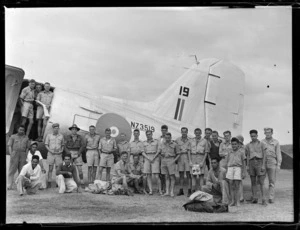 NZ3517 C47 transport plane at [Fua'Amotu?] Airfield with unidentified RNZAF personnel, Tonga