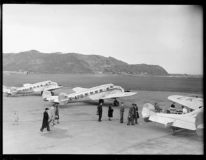 Lockheed Electra aircraft line up at Rongotai airport, Wellington