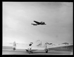 Lockheed Electra aircraft flying over Rongotai airport, Wellington