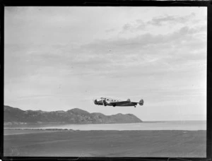 Lockheed Electra aircraft taking off, Rongotai airport, Wellington