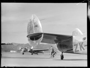 Lockheed Electra aircraft, Rongotai - view of Electra from under tail of another