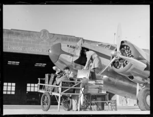 Lockheed Lodestar aircraft 'Karoro' loading, Mangere airport, Auckland