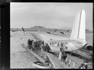 Short Empire Flying Boat 'Awarua' tied up at Mechanics Bay, Auckland
