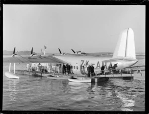 Short Empire flying boat, "Aotearoa" completing 1000th crossing of Tasman, Tasman Empire Airways