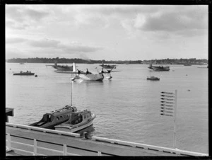 Short Sunderland flying boat with general view at Mechanic's Bay, Auckland