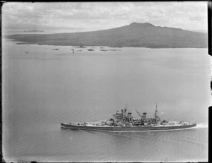 Ship HMS Howe, starboard side view, off Rangitoto