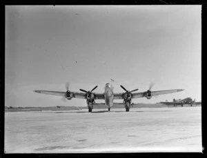 Royal Air Force Technical College [RAFTC] Lancastrian aircraft arriving at Whenuapai with Prime Minister - Head on view.