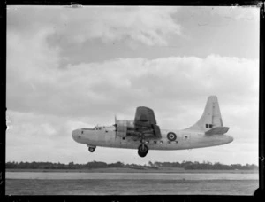 Consolidated Liberator aircraft, last flight north with mails taking off Whenuapai