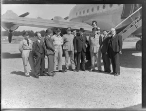Fraser, Rt Hon Prime Minister at Whenuapai prior to departing for England by RAFTC [Royal Air Force Technical College], DC4 aircraft.
