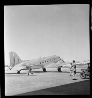 Royal New Zealand Air Force survey party for Japan, leaving Whenuapai aerodrome, on Douglas Dakota NZ3548 aeroplane