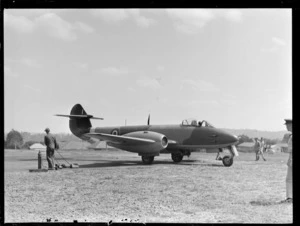 Gloster Meteor aeroplane, assembled on tarmac, at RNZAF Station, Hobsonville, Auckland