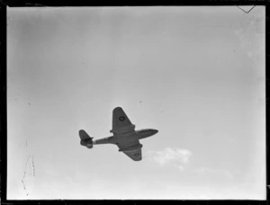 Gloster Meteor aeroplane in flight at Ardmore, Auckland