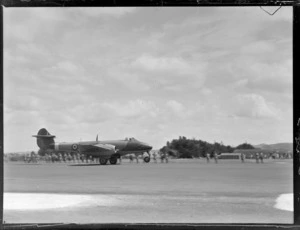 Gloster Meteor aeroplane on tarmac at Ardmore Aerodrome, Auckland