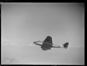 Gloster Meteor aeroplane in flight at Ardmore Aerodrome, Auckland