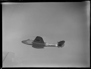 Air-to-air view of a Gloster Meteor aeroplane in flight near Ardmore Aerodrome