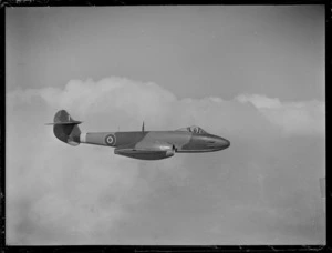 Air-to-air view of a Gloster Meteor aeroplane in flight near Ardmore Aerodrome, Auckland