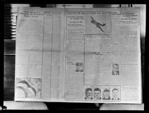 Page from The Auckland Star newspaper, featuring a story about the world air speed record set by two British pilots in a Gloster Meteor aircraft, at Herne Bay, Kent, Great Britain