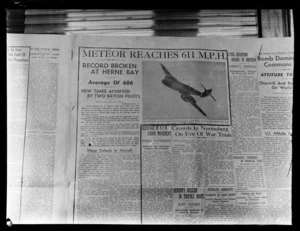 Page from The Auckland Star newspaper, featuring a story about the world air speed record set by two British pilots in a Gloster Meteor aeroplane, at Herne Bay, Kent, Great Britain