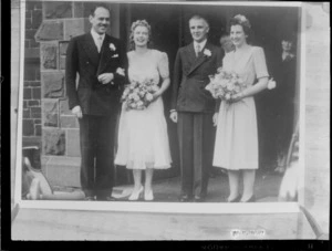 Wedding party portrait of Mr & Mrs Robb leaving an unidentified church