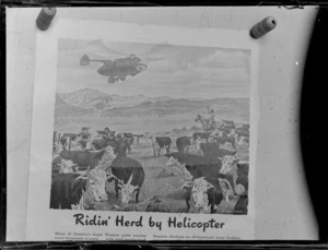 View of an advertisment copy drawing of a cowboy on a horse rounding-up cows, waving at a futuristic helicopter flying overhead